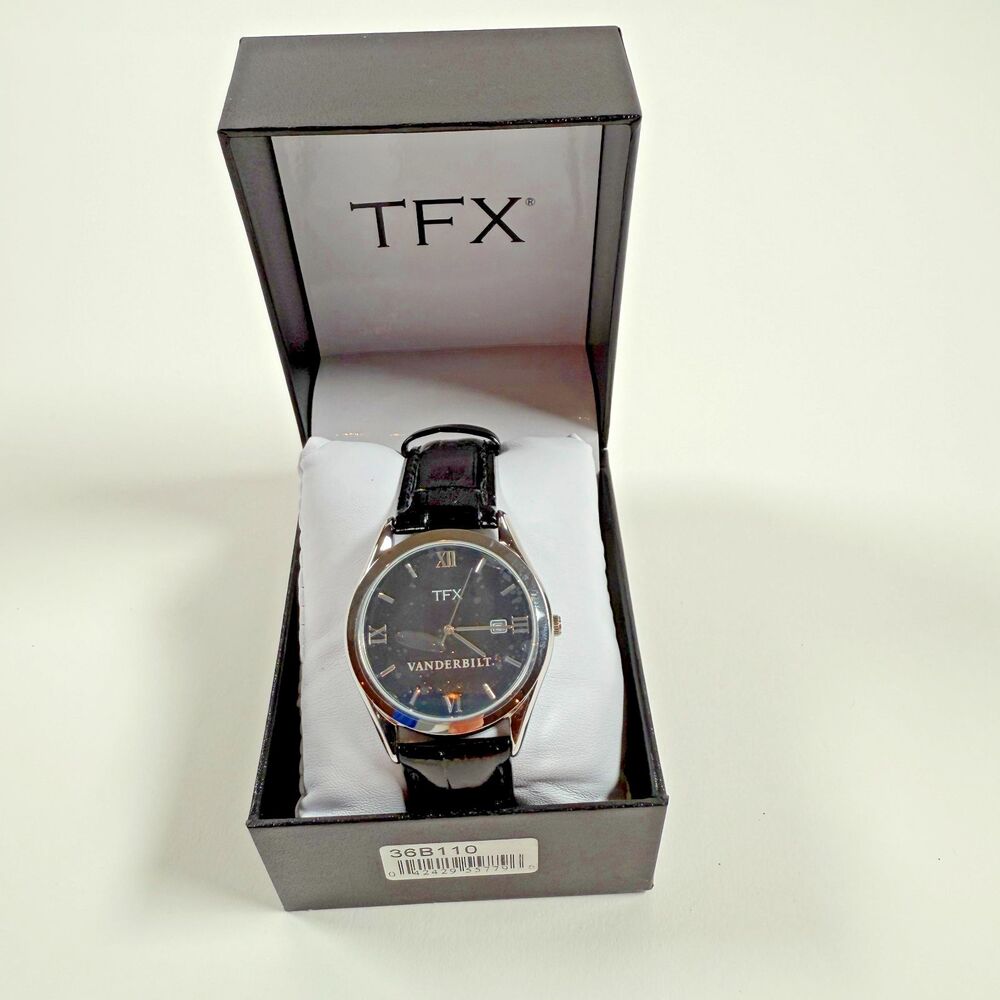 TFX  Analog Wristwatch – Vanderbilt Logo – Black Leather Band – New in Box